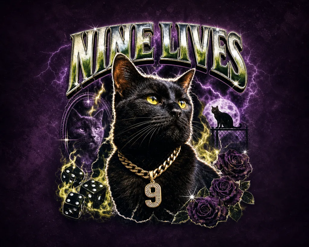 Nine Lives artwork: a black cat with a gold chain and number nine pendant surrounded by purple roses, dice and lightning